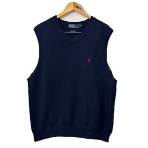 VTG Polo Ralph Lauren Navy Cotton Sweater Vest Men XXL Red Pony Preppy Old Money